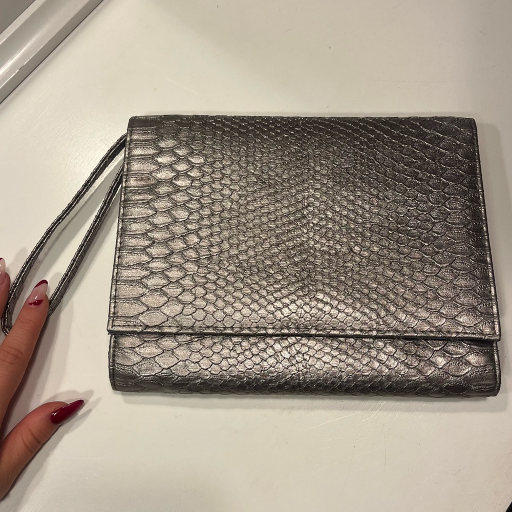 NEVER USED Neiman Marcus Silver Faux Snakeskin Clutch